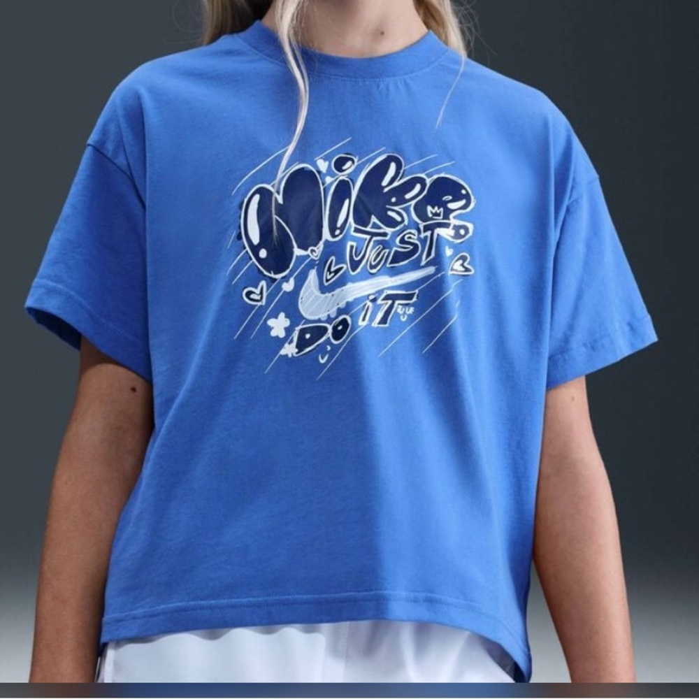 Nike Girls' Sportswear Essential Doodle 2 Graphic T-shirt blue Size LG -  NWT